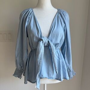 Flawless Tie Front Light Blue Top with Long Sleeves Nautical Capsule Wardrobe